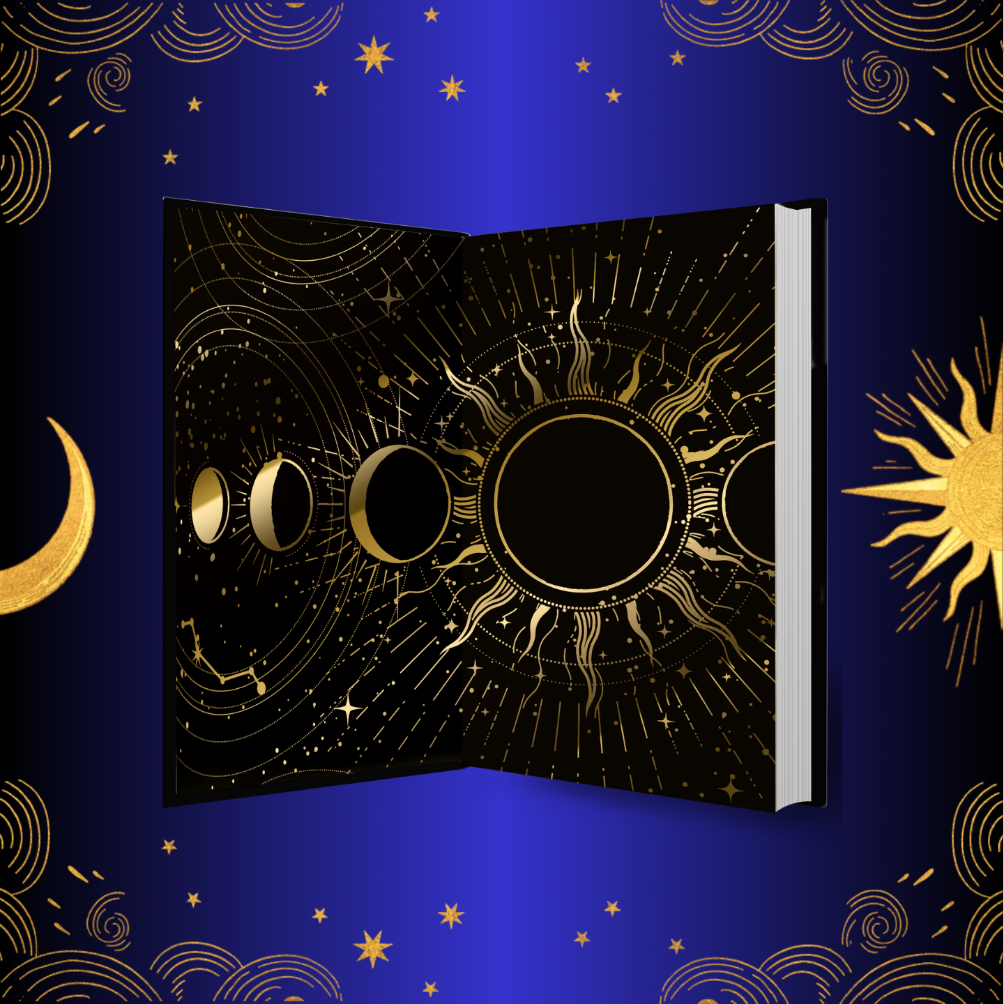 Arcana Academy Endpapers - black background with gold sun and moon images